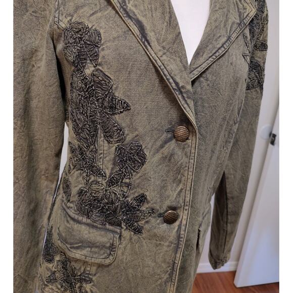 Coldwater Creek Olive Green Embroidered Denim Two Button Jacket Size 10 Pockets - Picture 7 of 10